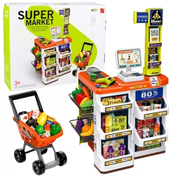 LEAN TOYS Lielais lielveikala kases aparāta un ratiņu komplekts - 60 daļas ar gaismām, skaņām un aksesuāriem, lomu spēles rotaļlieta bērniem no 3 gadiem