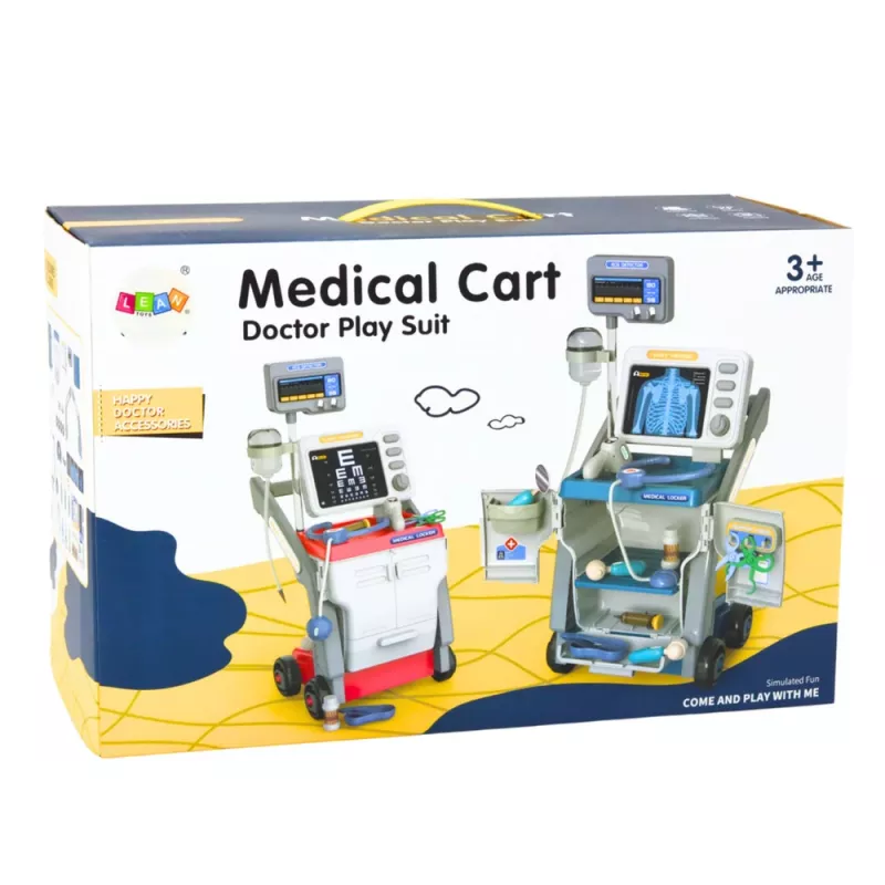 LEAN TOYS Ārsta komplekts ar medicīnas ratiņiem, rentgena un EKG gaismām, zils, 16 gab.