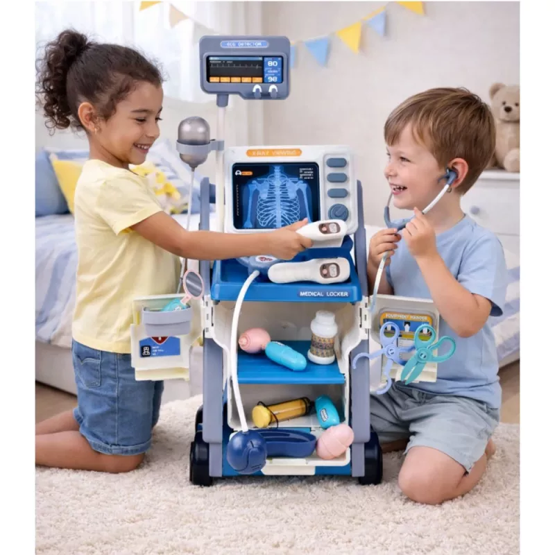 LEAN TOYS Ārsta komplekts ar medicīnas ratiņiem, rentgena un EKG gaismām, zils, 16 gab.