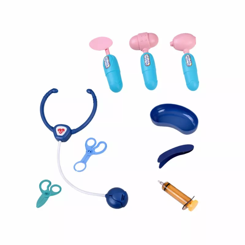 LEAN TOYS Ārsta komplekts ar medicīnas ratiņiem, rentgena un EKG gaismām, zils, 16 gab.