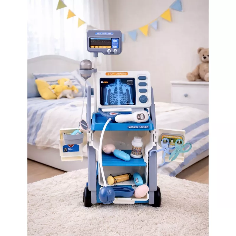 LEAN TOYS Ārsta komplekts ar medicīnas ratiņiem, rentgena un EKG gaismām, zils, 16 gab.