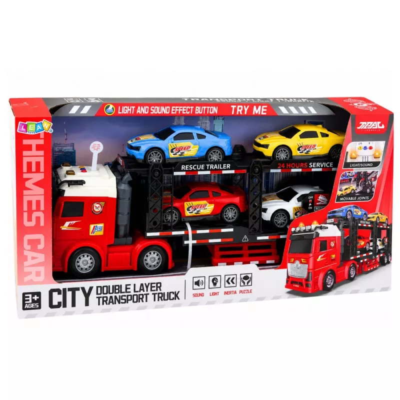 LEAN TOYS Lora transportieris evakuators ar 4 automašīnām, gaismām un skaņām – berzes darbināms rotaļu auto pārvadātājs ar noņemamu piekabi