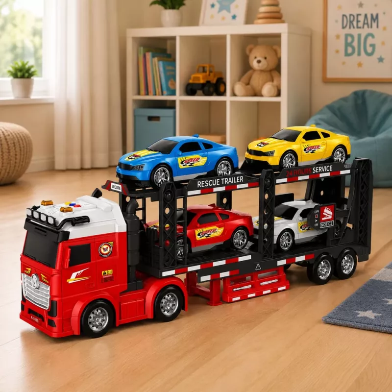 LEAN TOYS Lora transportieris evakuators ar 4 automašīnām, gaismām un skaņām – berzes darbināms rotaļu auto pārvadātājs ar noņemamu piekabi