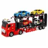 LEAN TOYS Lora transportieris evakuators ar 4 automašīnām, gaismām un skaņām – berzes darbināms rotaļu auto pārvadātājs ar noņemamu piekabi