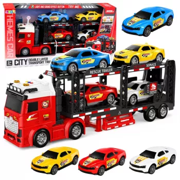 LEAN TOYS Lora transportieris evakuators ar 4 automašīnām, gaismām un skaņām – berzes darbināms rotaļu auto pārvadātājs ar noņemamu piekabi