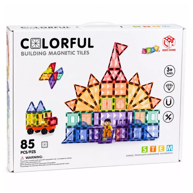 LEAN TOYS magnētiskie konstruktoru bloki 3D paneļi radošie STEM krāsaini 85 gab.
