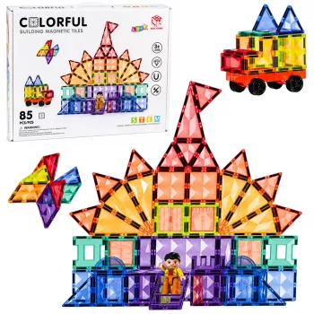 LEAN TOYS magnētiskie konstruktoru bloki 3D paneļi radošie STEM krāsaini 85 gab.