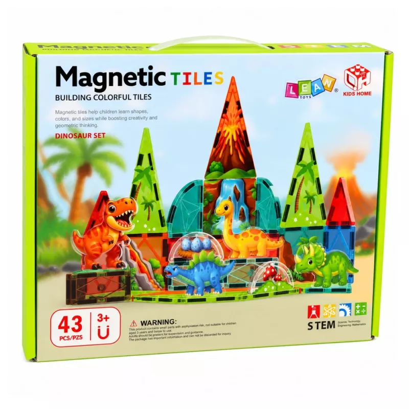 LEAN TOYS magnētiskie konstruktoru bloki Dinozauri Vulkanu komplekts - 43 gab. STEM izglītojoša būvēšanas rotaļlieta bērniem 3+