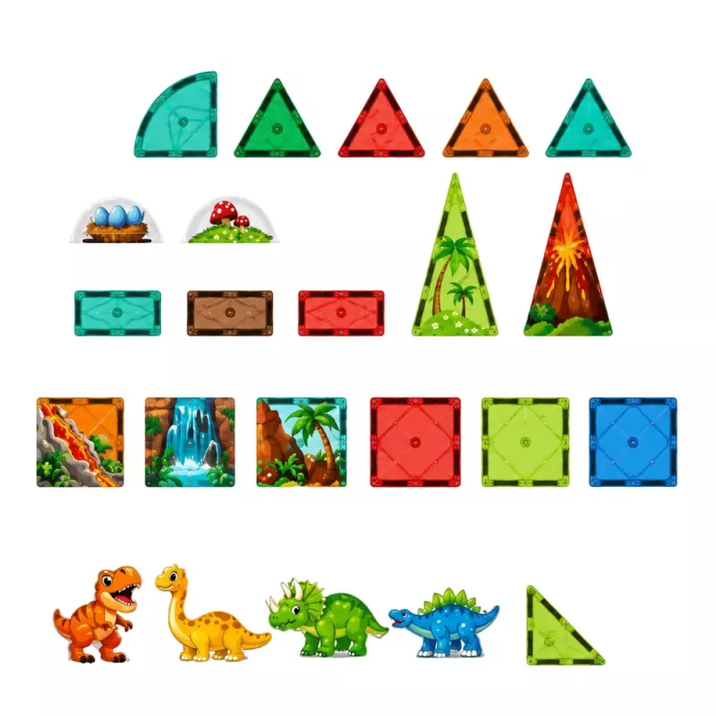 LEAN TOYS magnētiskie konstruktoru bloki Dinozauri Vulkanu komplekts - 43 gab. STEM izglītojoša būvēšanas rotaļlieta bērniem 3+