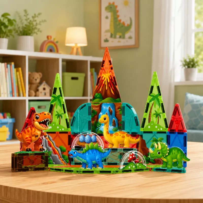 LEAN TOYS magnētiskie konstruktoru bloki Dinozauri Vulkanu komplekts - 43 gab. STEM izglītojoša būvēšanas rotaļlieta bērniem 3+