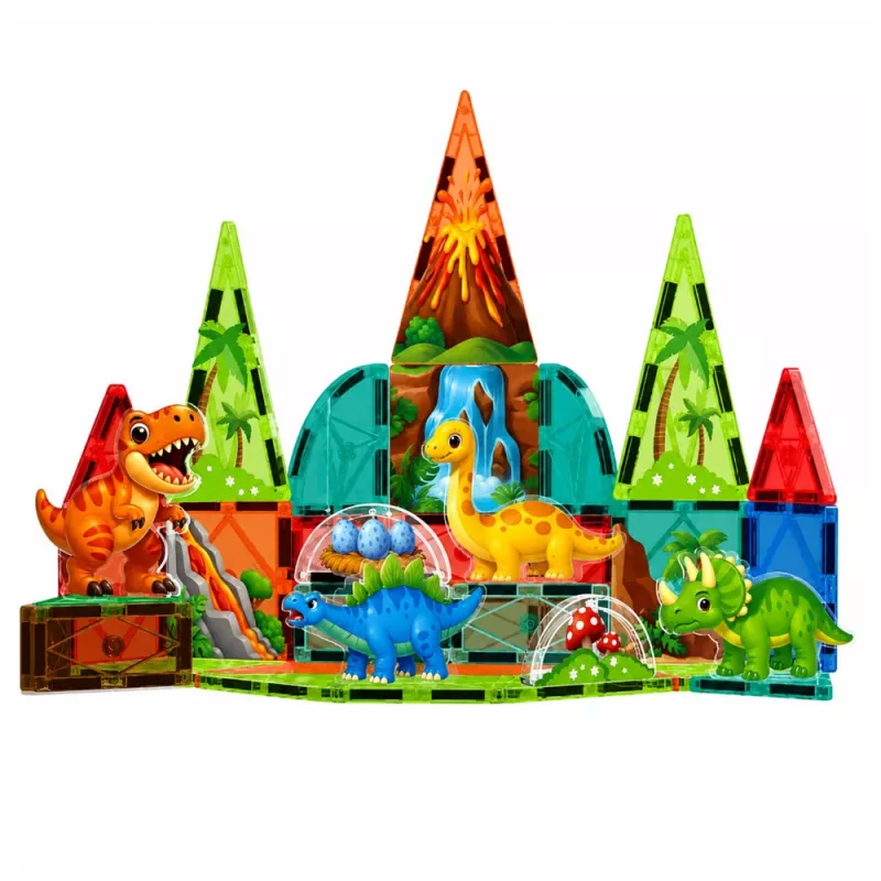 LEAN TOYS magnētiskie konstruktoru bloki Dinozauri Vulkanu komplekts - 43 gab. STEM izglītojoša būvēšanas rotaļlieta bērniem 3+