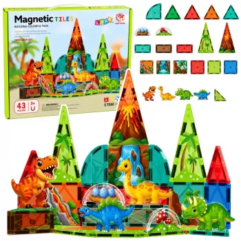 LEAN TOYS magnētiskie konstruktoru bloki Dinozauri Vulkanu komplekts - 43 gab. STEM izglītojoša būvēšanas rotaļlieta bērniem 3+