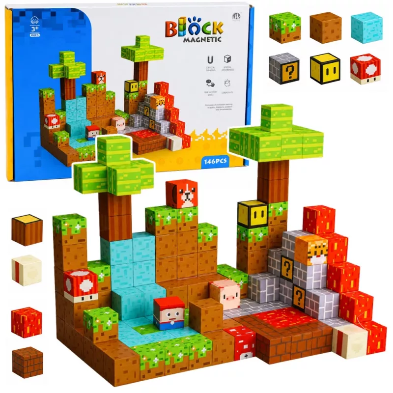 LEAN TOYS Magnētiskie konstrukcijas bloki Pixel World Krāsainie kubi 146 gab.