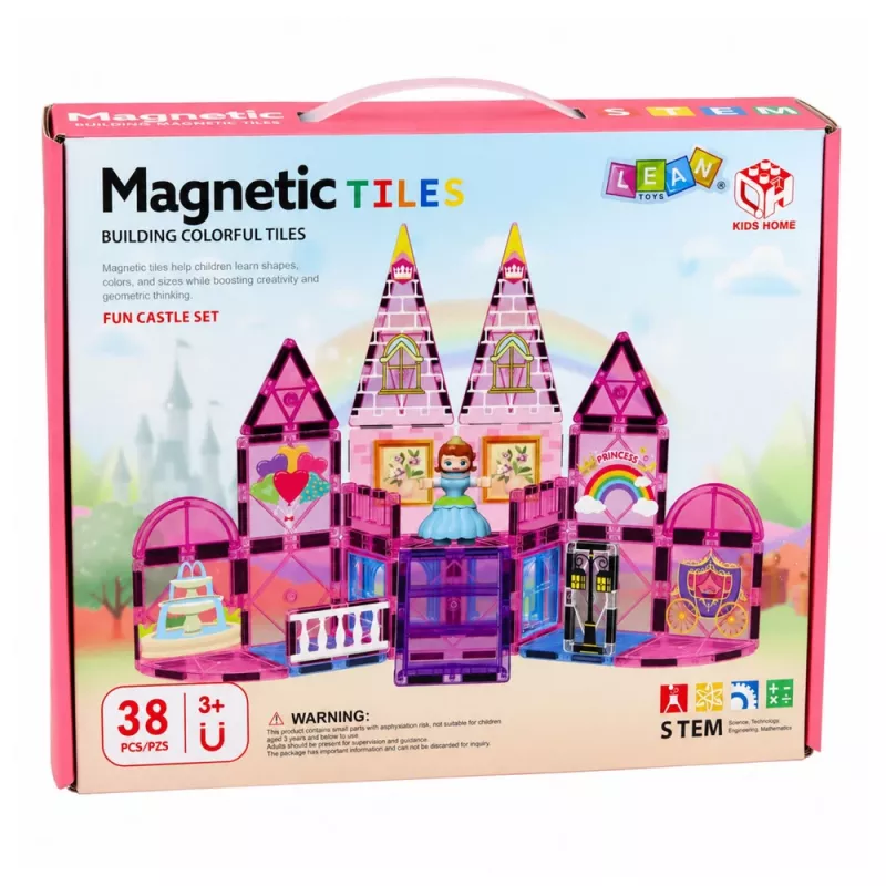 LEAN TOYS magnētiskie konstruktoru bloki princeses pils rozā 38 gab.