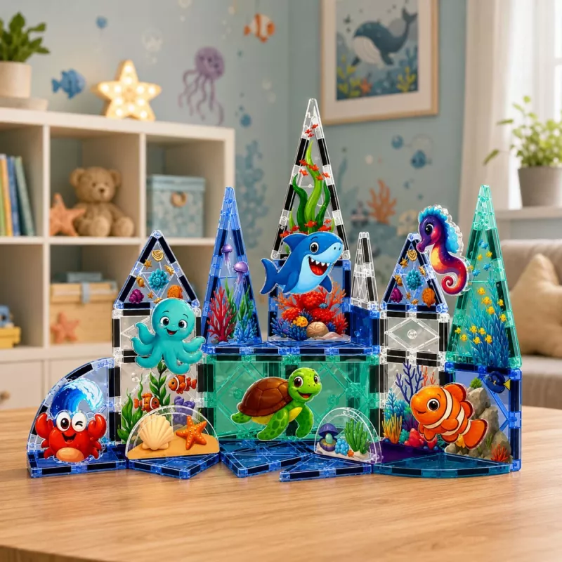 LEAN TOYS Magnētiskie konstruktora bloki Jūras dzīvnieki Okeāns 40 gab.