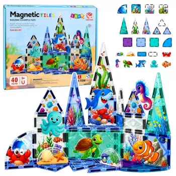 LEAN TOYS Magnētiskie konstruktora bloki Jūras dzīvnieki Okeāns 40 gab.