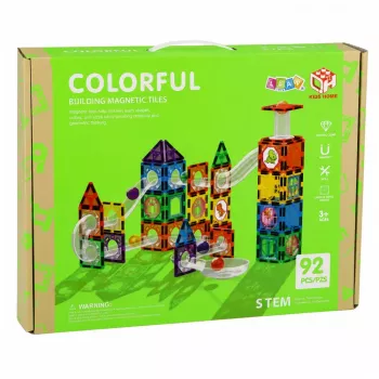 LEAN TOYS Magnētiskie konstruktora bloki ar trases komplektu, STEM bumbiņām un dinozauriem – 92 gab.
