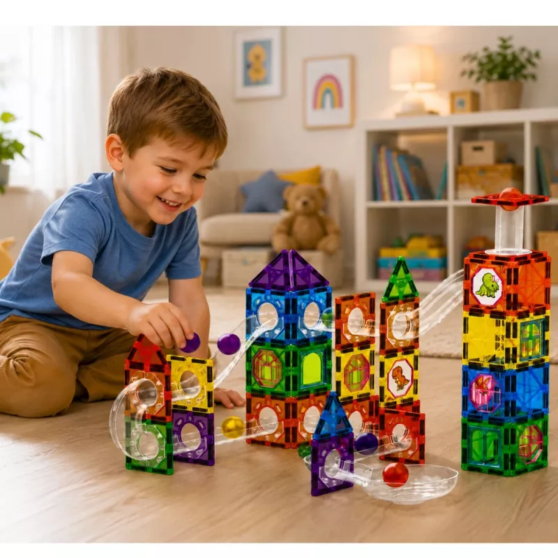 LEAN TOYS Magnētiskie konstruktora bloki ar trases komplektu, STEM bumbiņām un dinozauriem – 92 gab.