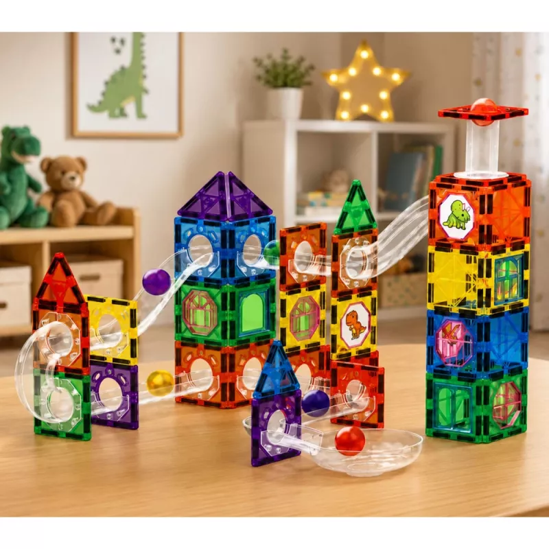 LEAN TOYS Magnētiskie konstruktora bloki ar trases komplektu, STEM bumbiņām un dinozauriem – 92 gab.