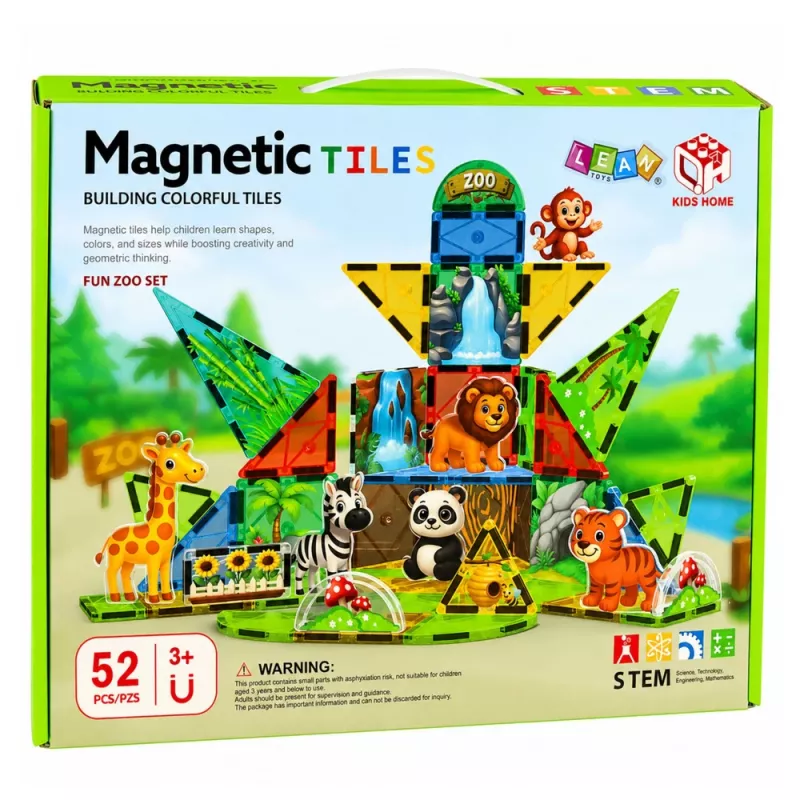 LEAN TOYS magnētiskie konstruktoru bloki savvaļas dzīvnieki džungļi ZOO 52 gab.