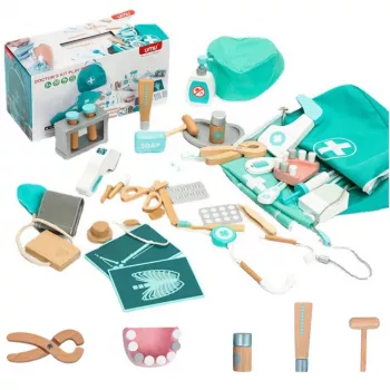 LEAN TOYS Medicīnas komplekts Mazais ārsts Zobārsts Koka pirmās palīdzības komplekts Priekšauts 20 gab.