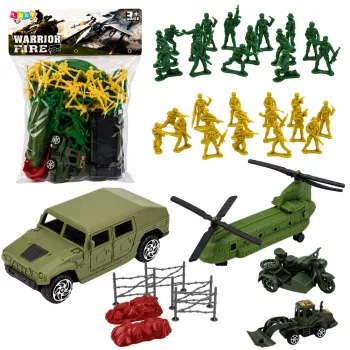 LEAN TOYS Militārais komplekts ar karavīriem, helikopteru, transportlīdzekļiem un bāzi, 58 gab.