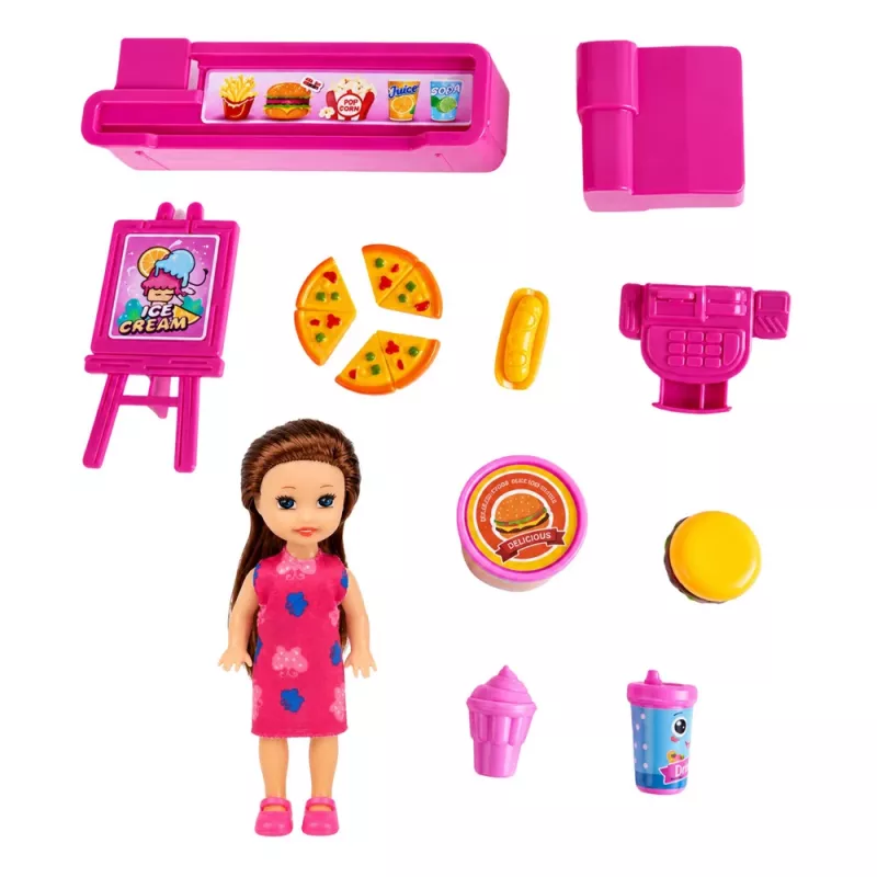 LEAN TOYS Mini leļļu komplekts ar kases aparātu, pārdevēju, hamburgeru un saldējuma aksesuāriem