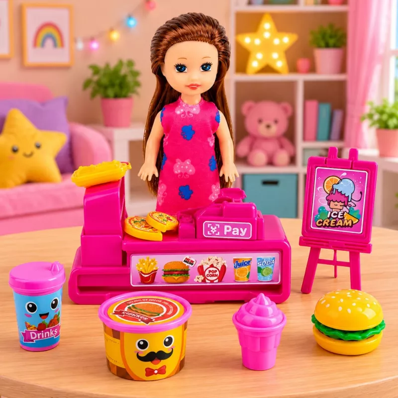 LEAN TOYS Mini leļļu komplekts ar kases aparātu, pārdevēju, hamburgeru un saldējuma aksesuāriem