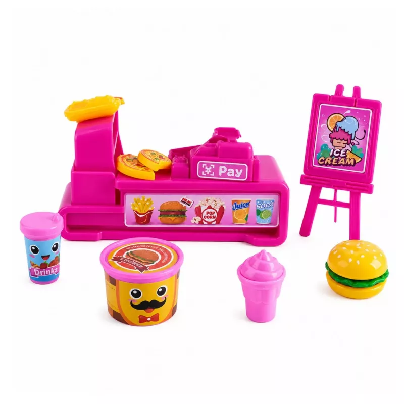 LEAN TOYS Mini leļļu komplekts ar kases aparātu, pārdevēju, hamburgeru un saldējuma aksesuāriem