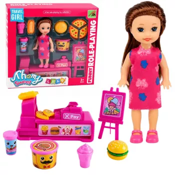 LEAN TOYS Mini leļļu komplekts ar kases aparātu, pārdevēju, hamburgeru un saldējuma aksesuāriem