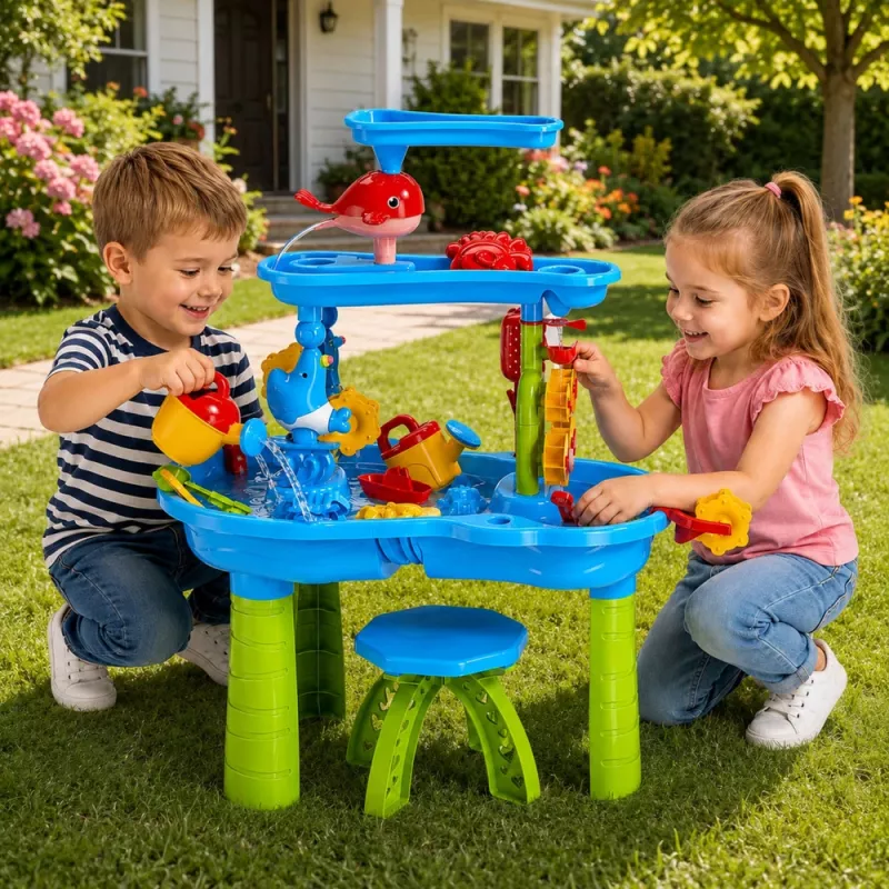 LEAN TOYS daudzlīmeņu ūdens galds ar krēsliem, piederumiem un formiņām 63cm