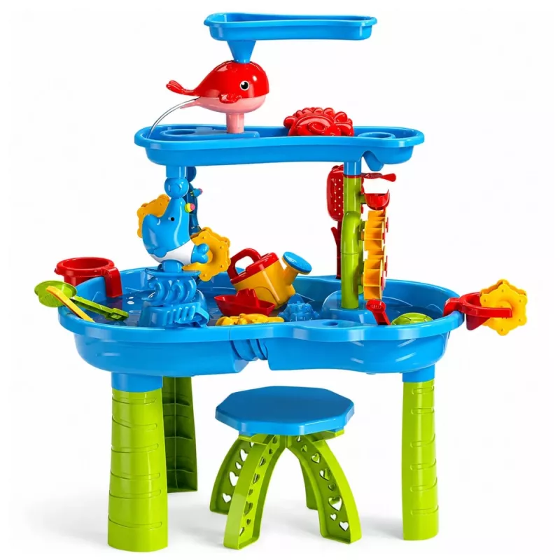 LEAN TOYS daudzlīmeņu ūdens galds ar krēsliem, piederumiem un formiņām 63cm