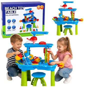 LEAN TOYS daudzlīmeņu ūdens galds ar krēsliem, piederumiem un formiņām 63cm