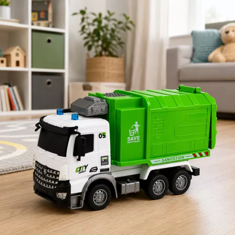 LEAN TOYS pašvaldības transportlīdzeklis tālvadības atkritumu mašīna RC konteiners tvertne gaismas 1:14