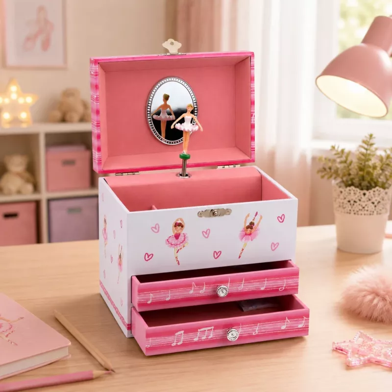 LEAN TOYS muzikālā rotaslietu kārba ar balerīnu, mūzikas kārba, spogulis un atvilktnēm - rozā klasiskais dizains