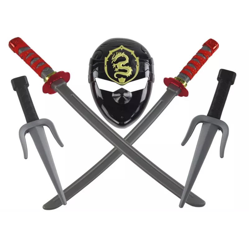 LEAN TOYS Ninja karotāja komplekts ar masku, zobenu, dunčiem, šurikeniem, loku un bultām – sarkani rotājumi (10 gab.)