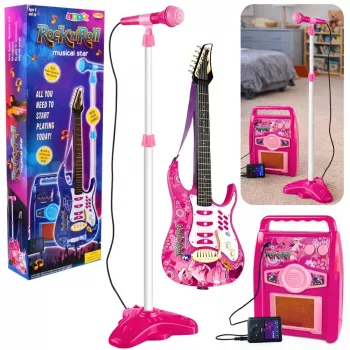 LEAN TOYS Rozā elektriskā ģitāra ar mikrofonu un pastiprinātāju