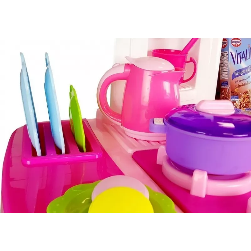 LEAN TOYS Rozā virtuve ar ūdens podiem, pārtikas precēm un skaņu