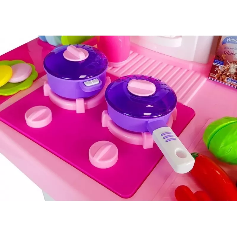 LEAN TOYS Rozā virtuve ar ūdens podiem, pārtikas precēm un skaņu