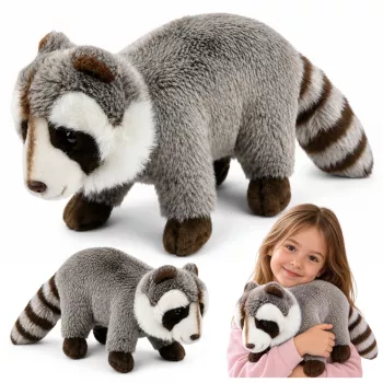 LEAN TOYS plīša jenots maskots – reālistiska mīkstā rotaļlieta, pelēka 45 cm