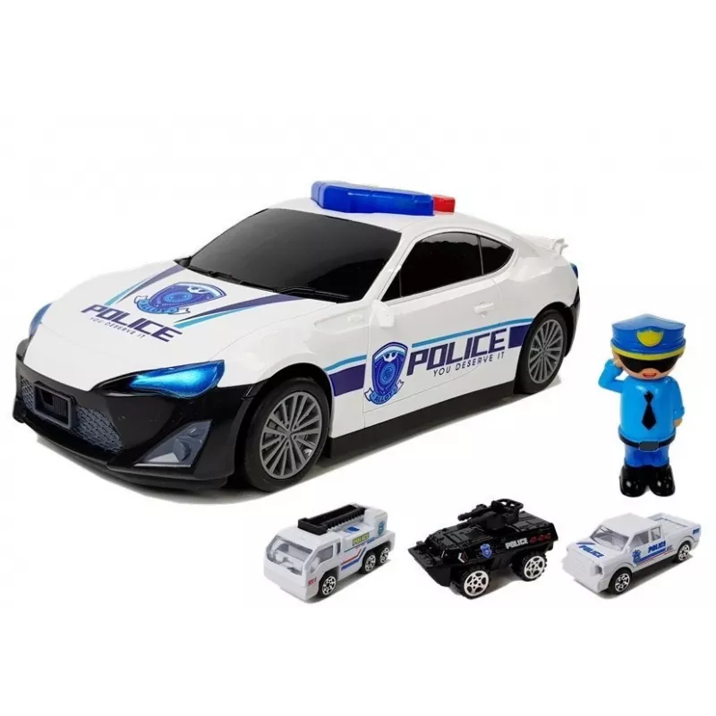LEAN TOYS Policijas automašīnas glabāšanas garāža 2in1 Policists Mazās automašīnas Skaņa Gaisma