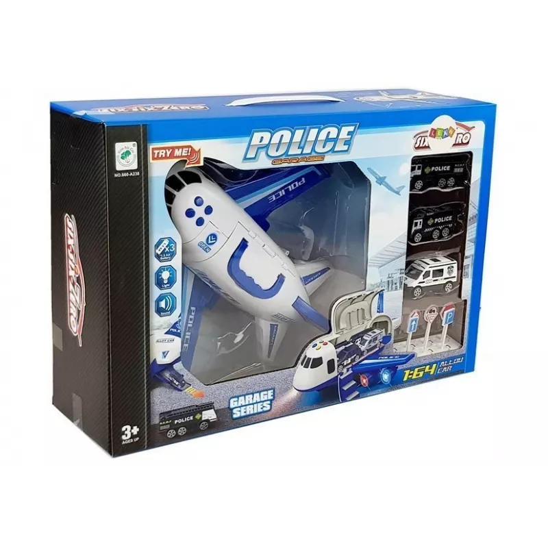LEAN TOYS Policijas salokāmā lidmašīna ar automašīnām 1:64 ar gaismām un skaņām