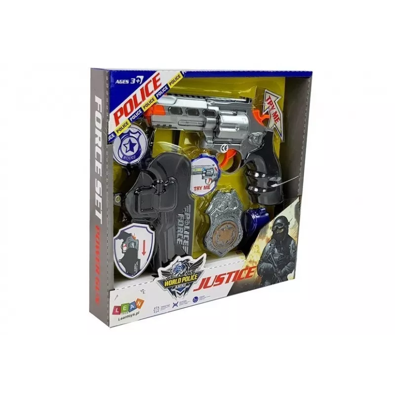 LEAN TOYS Policijas komplekts Revolveris 20cm Žetons Maksts Svilpe Skaņas un gaismas efekti