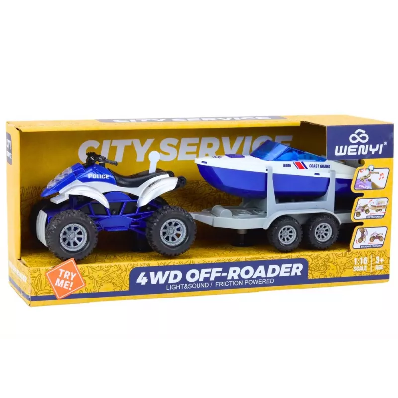 LEAN TOYS Policijas kvadracikls ar piekabi un motorlaivu
