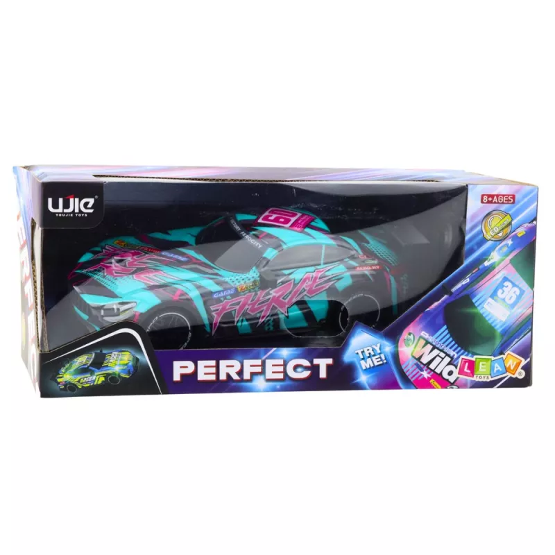 LEAN TOYS RC sacīkšu auto ar apgaismotu tirkīza virsbūvi, mērogs 1:16, 2.4 GHz tālvadība