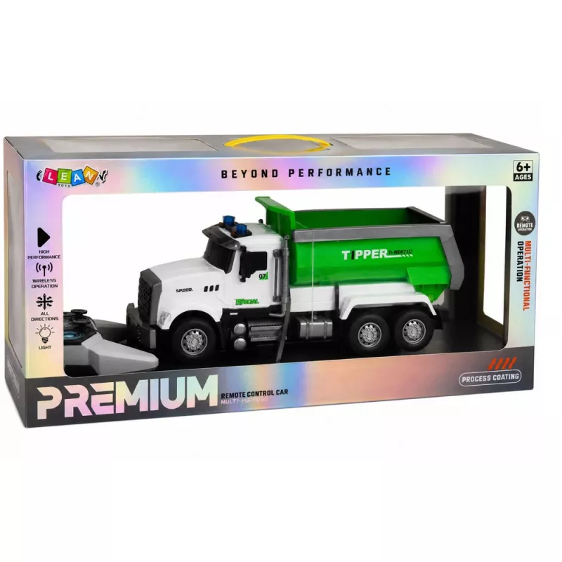 LEAN TOYS radio vadāms RC pašizgāzējs ar kustīgu kravas kasti zaļš 1:14