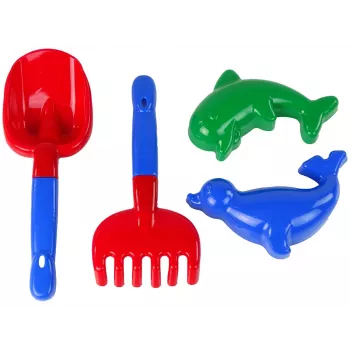 LEAN TOYS Smilšu piederumi 4 daļu smilšu komplekts – lāpstiņa, grābeklis, 2 veidnes, izturīga plastmasa, vecumam no 12 mēnešiem