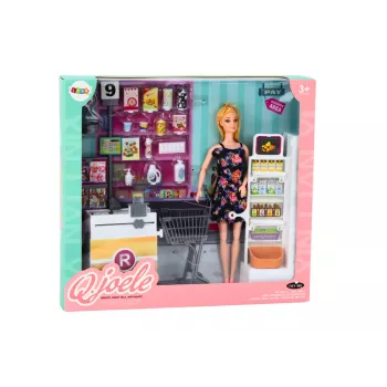 LEAN TOYS Leļļu komplekts ar veikala plauktiem, iepirkumu ratiņiem un pārtikas produktiem