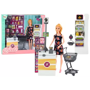 LEAN TOYS Leļļu komplekts ar veikala plauktiem, iepirkumu ratiņiem un pārtikas produktiem