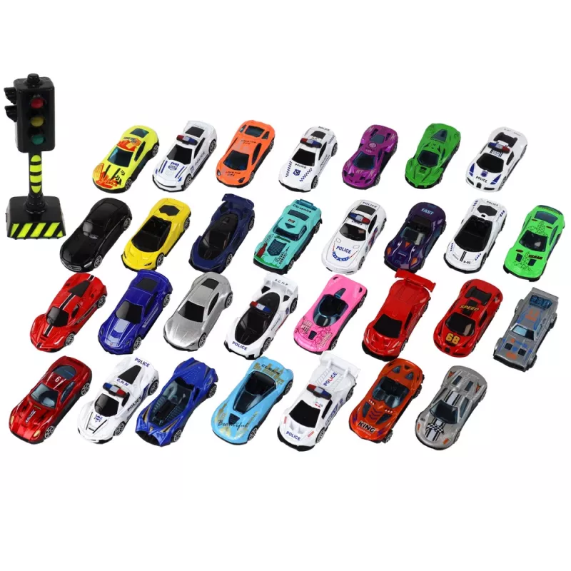 LEAN TOYS Alumīnija atsperu automašīnu komplekts kastē 30 gab. Policijas un sporta automašīnas